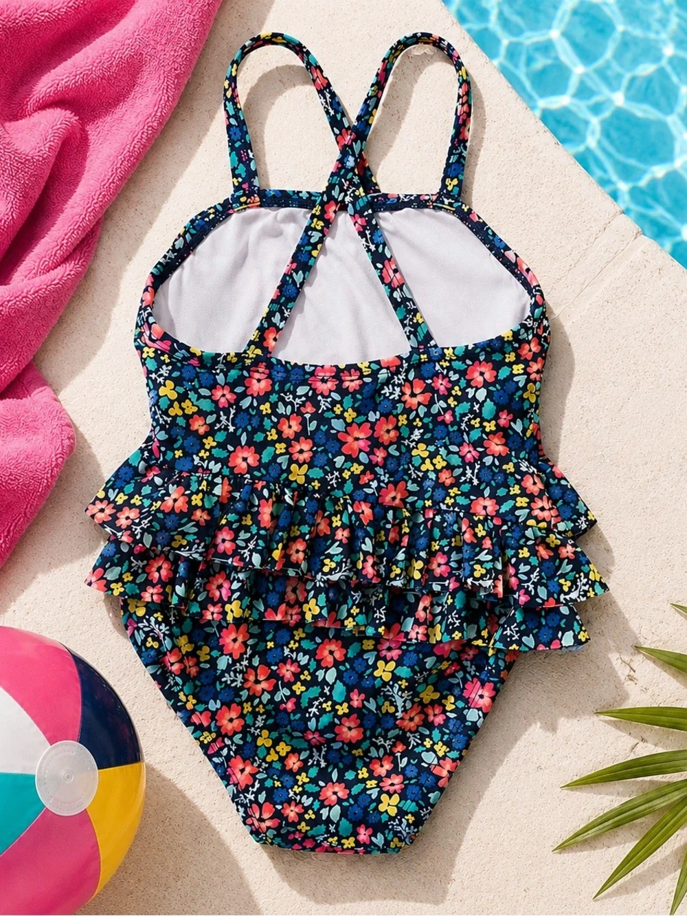 Cat & Jack 4T Navy Floral Ruffle Swimsuit Set + Matching Flower Hair Clip